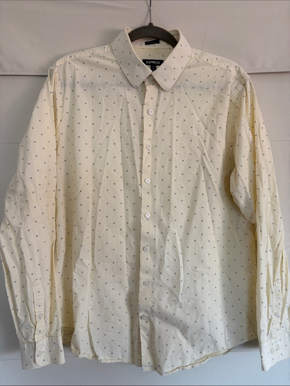 Express Men's Dress Shirt Cream and Yellow Small Stripe with Navy Dot Pattern
